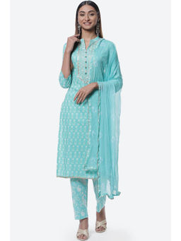 Biba - Turquoise Cotton Unstitched Suit (Set of 3)