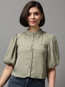 SHOWOFF - Women's Puff Sleeves Abstract Olive Blouson Top