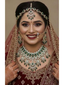 NUI - Gold Plated Green Beaded Bridal Necklace with Earrings, Nosering, Mangtikka