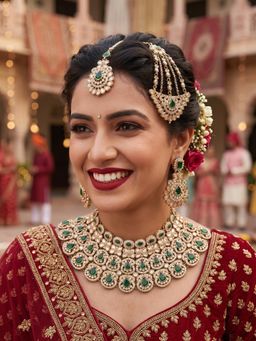 NUI - Womens Gold Plated Green Stone Studded Bridal Jewellery Set