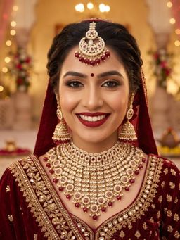 NUI - Womens Gold Plated Red Stone Studded Bridal Jewellery Set