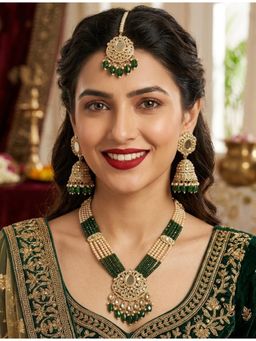 NUI - Womens Gold Plated Green Beaded Jewellery Set