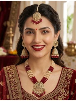 NUI - Womens Gold Plated Maroon Beaded Jewellery Set