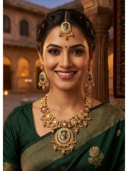NUI - Womens Gold Plated Stone Studded and Beaded Jewellery Set