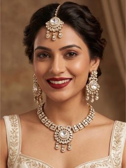 NUI - Womens White Stone Studded and Beaded Jewellery Set