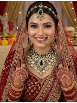 NUI - Womens Gold Plated Green Stone Studded Bridal Jewellery Set