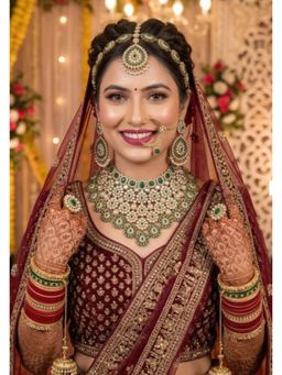 NUI - Womens Gold Plated Green Stone Studded Bridal Jewellery Set