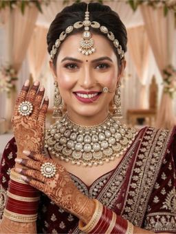 NUI - Womens Gold Plated Off White Stone Studded Bridal Jewellery Set