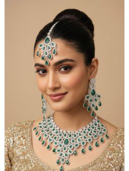 NUI - Womens Gold Plated Green Stone Studded Jewellery Set