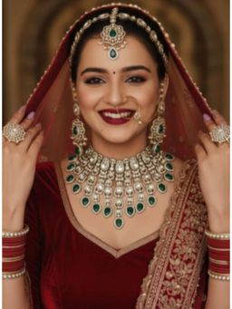 NUI - Womens Gold Plated Green Stone Studded Bridal Jewellery Set