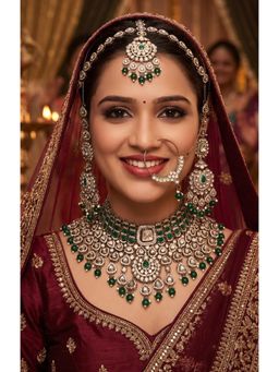 NUI - Womens Gold Plated Green Stone Studded Beaded Bridal Jewellery Set