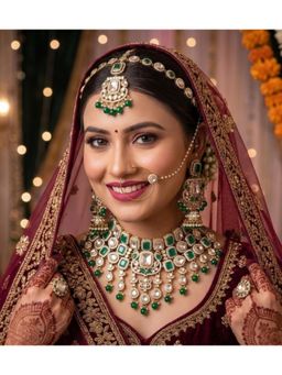 NUI - Womens Gold Plated Green Stone Studded Beaded Bridal Jewellery Set