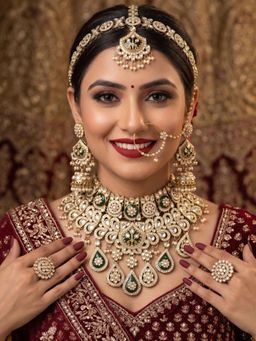 NUI - Womens Gold Plated Green Stone Studded Bridal Jewellery Set