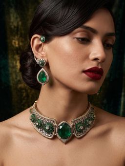 NUI - Womens Luxury Emerald Green Cz Choker Necklace with Earrings
