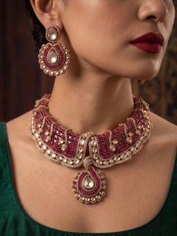 NUI - Womens Pink Stone Designer Cz Bridal Choker Jewellery Set