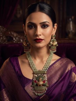 NUI - Womens Green Stone Designer Cz Bridal Choker Jewellery Set