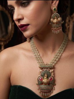 NUI - Womens Pink Stone Designer Cz Bridal Choker Jewellery Set