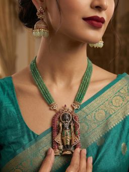 NUI - Green Beaded Krishna Pendant Temple Long Necklace with Earrings