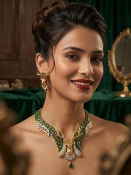 NUI - Womens Green Gold Plated Cubic Zirconia Elegant Jewellery Set
