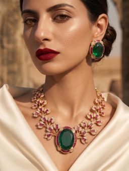 NUI - Womens Green Gold Plated Cubic Zirconia Elegant Jewellery Set