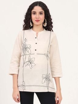 Divena - Biege Embroidery Cotton Fabric Straight Top