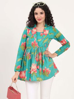 Divena - Green Floral Printed Cotton Peplum Top