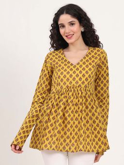 Divena - Yellow Floral Printed V Neck Cotton Top