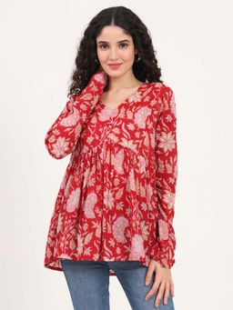 Divena - Red Floral Printed V Neck Cotton Top