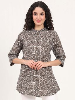 Divena - Dark Grey Geometric Printed Cotton Top