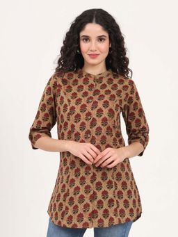 Divena - Brown Floral Printed Cotton Top