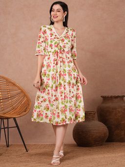 FASHOR - Cream Floral Printed A-Line Pleated Midi Dress