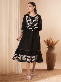 FASHOR - Black Thread Embroidered A-Line Pleated Midi Dress with Belt (Set of 2)