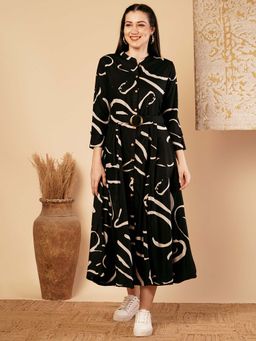 FASHOR - Black Printed A-Line Flared Midi Dress with Belt (Set of 2)