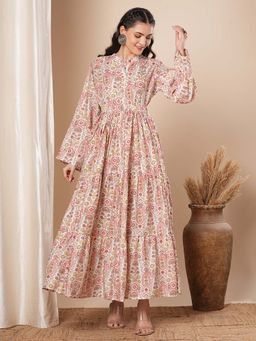 FASHOR - Off White Floral Foil Printed A-Line Pleated Maxi Dress with Belt (Set of 2)