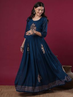 FASHOR - Navy Blue Elephant Hand Embroidered A-Line Pleated Maxi Dress