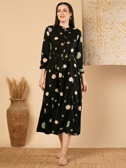 FASHOR - Black Polka Dot Printed A-Line Panelled Flared Dress with Belt (Set of 2)