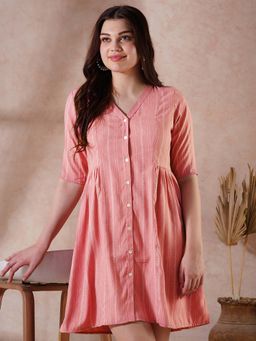 Globus - Pink Self Design V-Neck Detail Button Down A-Line Mini Dress