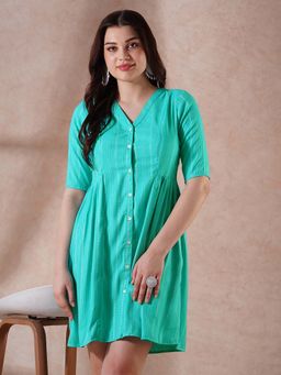 Globus - Sea Green Self Design V-Neck Detail Button Down A-Line Mini Dress