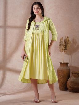 Globus - Green A-Line Midi Ethnic Dress with Jacket (Set of 2)