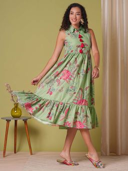 Globus - Green Floral Print Tassel Detail A-Line Tiered Midi Dress