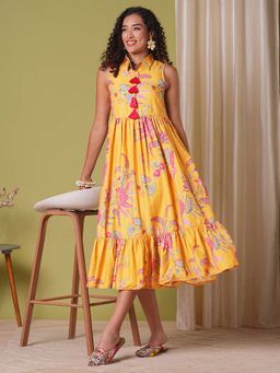 Globus - Yellow Floral Print Tassel Detail A-Line Tiered Midi Dress