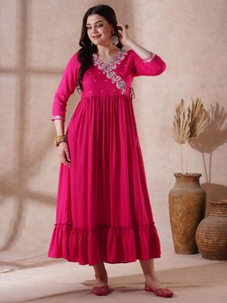 Globus - Pink Embroidered Tiered A-Line Midi Dress with Belt (Set of 2)