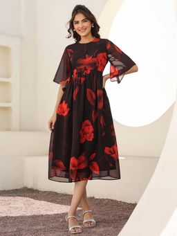 Janasya - Women's Black Georgette Floral Printed A-Line Dress