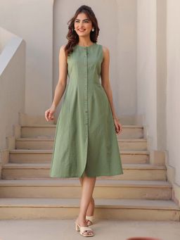 Janasya - Women's Green Cotton Solid A-Line Dress