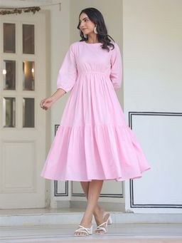Janasya - Women's Light Pink Pure Cotton Solid Tiered Dress