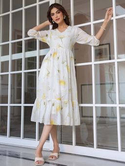Janasya - Women's White Georgette Floral Printed Tiered Dress