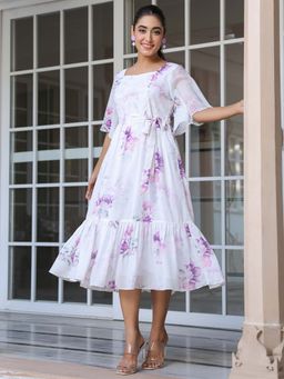 Janasya - Women's White Georgette Floral Printed Fit and Flare Dress with Belt (Set of 2)