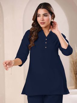 Janasya - Women's Navy Blue Cotton Solid A-Line Top