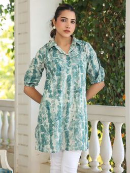 Janasya - Women's Aqua Pure Cotton Tie and Dye A-Line Tunic