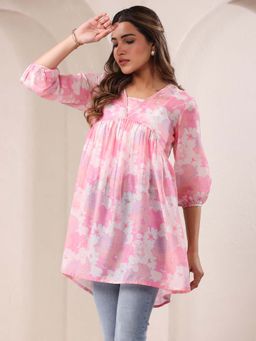Janasya - Women's Pink Cotton Blend Floral Printed A-Line Tunic